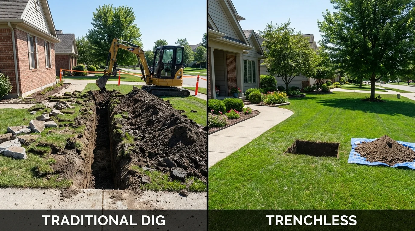 Trenchless sewer repair with minimal yard damage versus traditional excavation in Kenton, TN