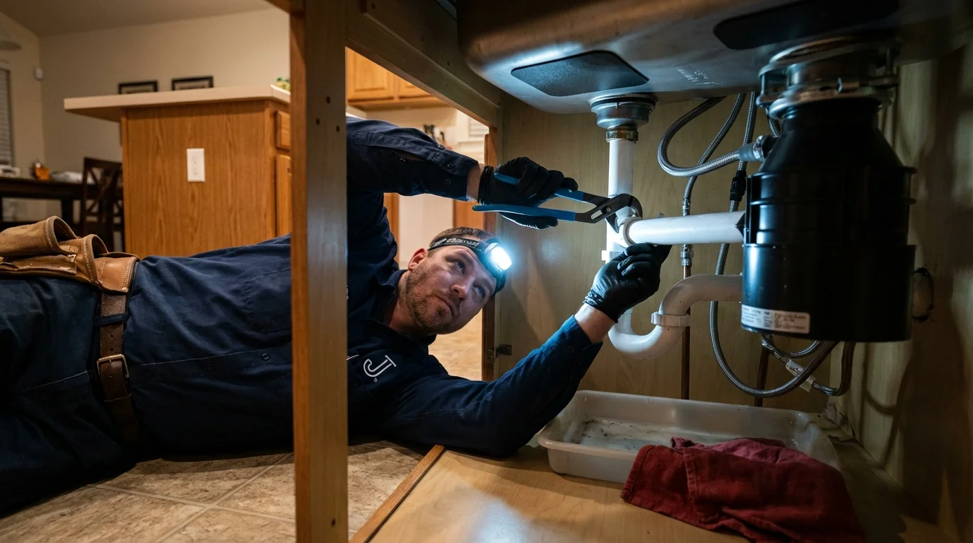 P-trap and supply line connections under a kitchen sink showing a common leak point in Kenton, TN